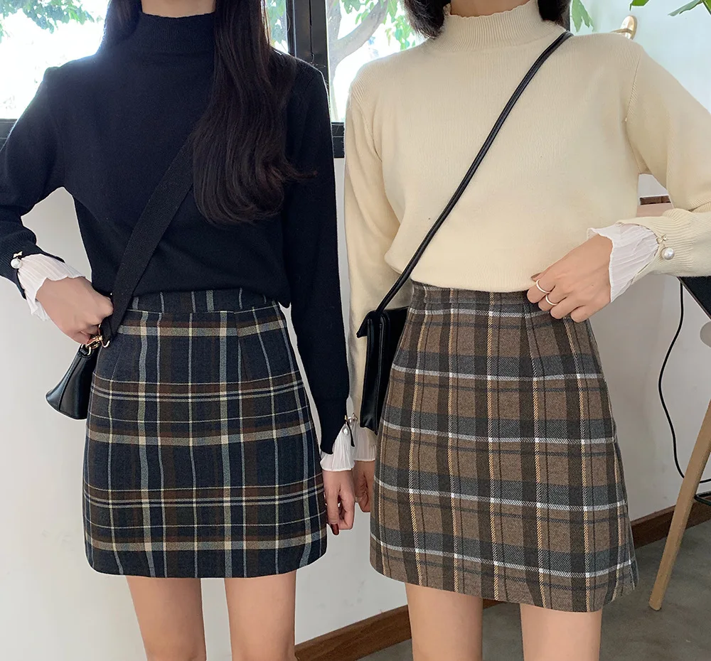 

2019 Autumn And Winter New Style Korean-style Retro Versatile Woolen Pattern Slimming High Waist Skirt Short A- line Skirt Women