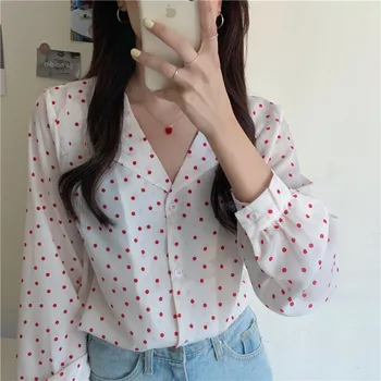 

COIGARSAM Full Sleeve Shirt Womens tops Polka Dot Women shirts White Black 1909