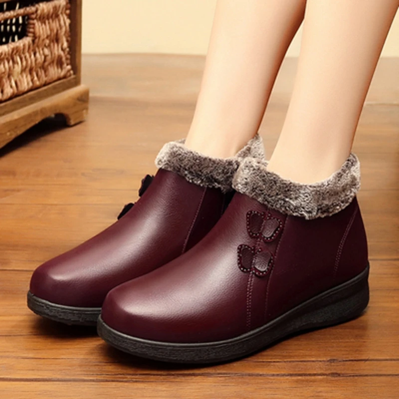 

ZZPOHE 2019 NEW Fashion Soft Leather Women Ankle Boots Women's Warm Fur Casual Shoes Mother Snow Boots Wedge Heels Winter Shoes