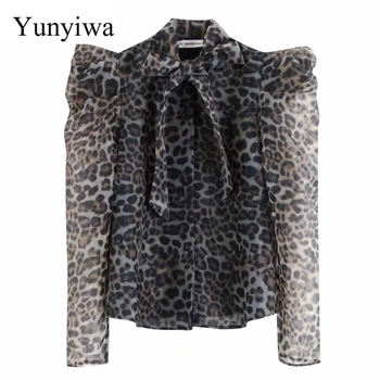 

New Women Vintage Puff Sleeve Animal Texture Print Transparent Organza Kimono Blouse Shirts Women Bow Leopard Blusas Tops