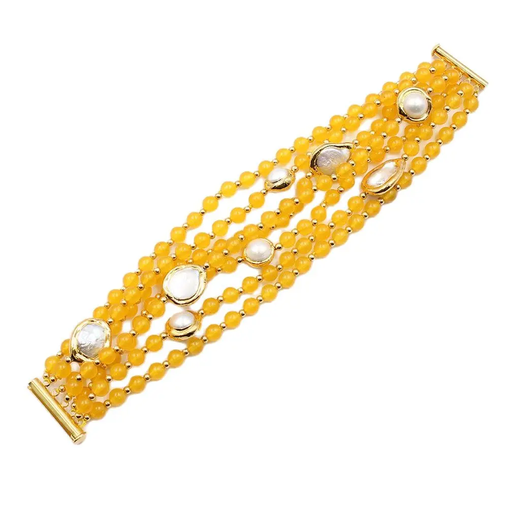 

GuaiGuai Jewelry 7 Rows Round Yellow Jades White Keshi Coin Pearl Gold Plated Beads Bracelet Handmade For Women Lady Jewelry