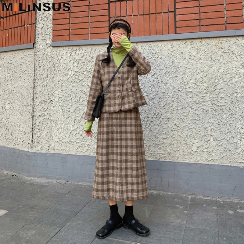 

2019 Women Blazer Skirt Set Vintage Plaid Blazers Long Skirt Two Pieces Suits Female Korean Clothes Spring Autumn 90s Faldas