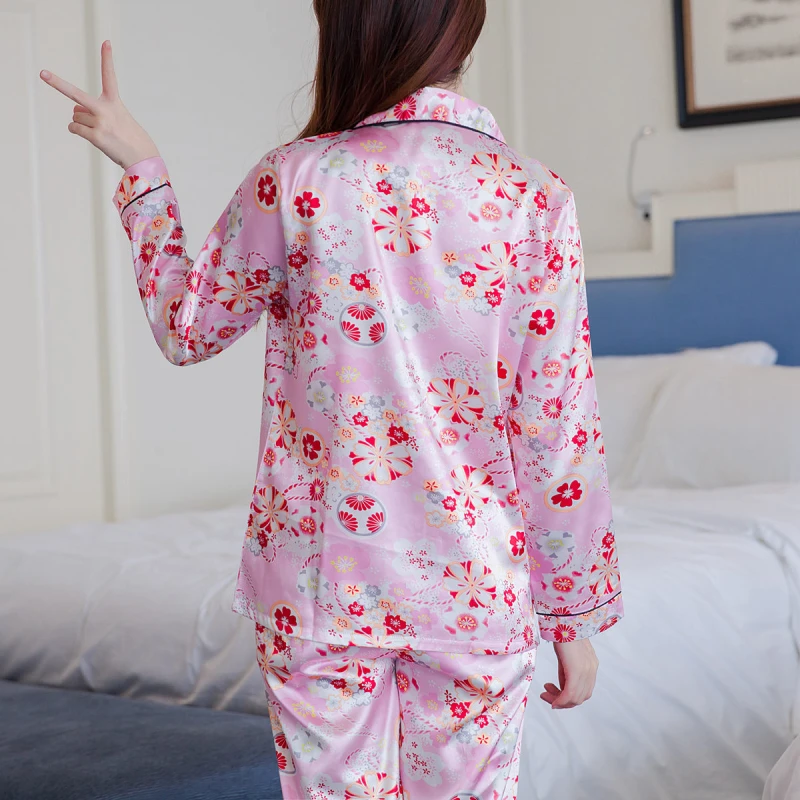 Летний и осенний женский Шелковый пижамный комплект, атласная рубашка с длинными рукавами+ брюки с принтом вишни, домашний сервис