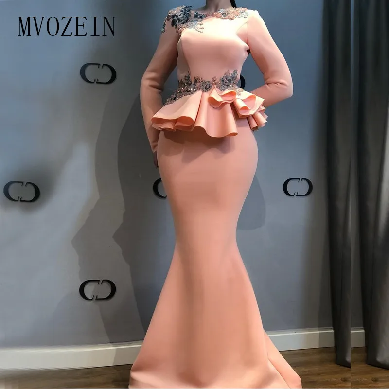 

Blush Mermaid Evening Dresses Embroidery Flower Beaded Full Sleeves Long Evening Dress Vestidos de festa longo