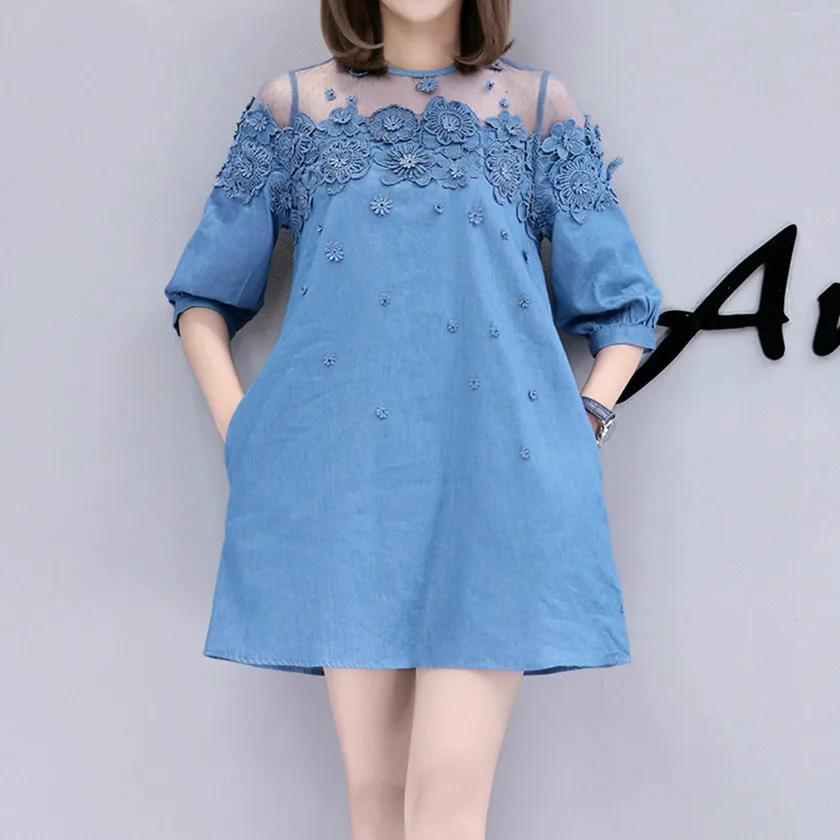 New Arrival Lace Bead Patchwork Summer Women Denim Dresses Half Sleeves Loose A Line Plus Sizes Jeans | Женская одежда