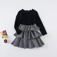 Платье в Корейском стиле с оборками для девочек модные осенние Хлопковые Платья в стиле пэчворк для девочек; PZ33