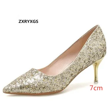 

Best Sale Gold Silver Sequins Pointed Fine High Heel Shoes Woman Wedding Shoes 2020 Spring Dress Shoes Women Pumps 5 / 7 / 9 Cm