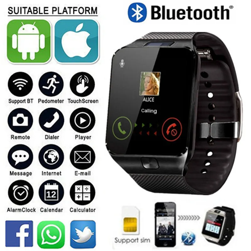 DZ09 Professional Smart Watch 2G SIM TF Camera Waterproof Wrist Watch GSM Phone Large-Capacity SIM SMS For Android For Phone