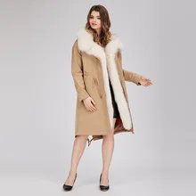 2019 Yiwu nowy projekt 1 kolor kobiety ciepłe, jesienne zimowe prawdziwe futro z lisa płaszcz z kapturem kołnierz z futra lisa płaszcz