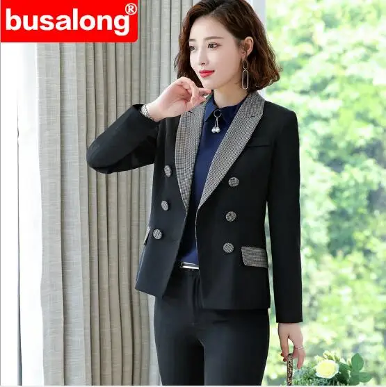 

women plus size suits and sets Long sleeve Plaid jackets Uniform Double Breasted Tops and Pants Sets Women Business PantSuit