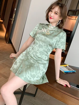 

Trendy Retro Temperament Stand Collar Frog Print Irregular Cheongsam Dress + Shorts Suit, Female Fashion Summer New Style