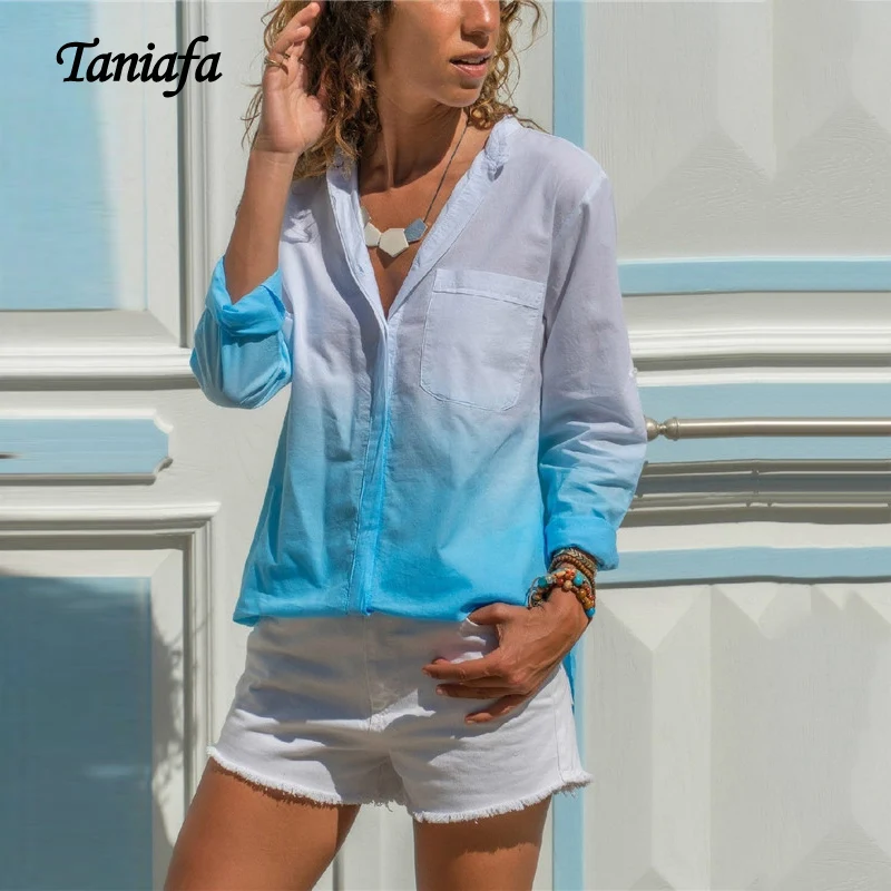 

Taniafa 2019 Women V Neck Long Sleeve Shirts Casual Gradient Color Long Tops Blouse Plus Size
