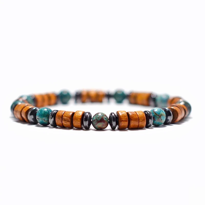 Wenge Wood Hematite Tiger Eye Stone Mens Bracelet