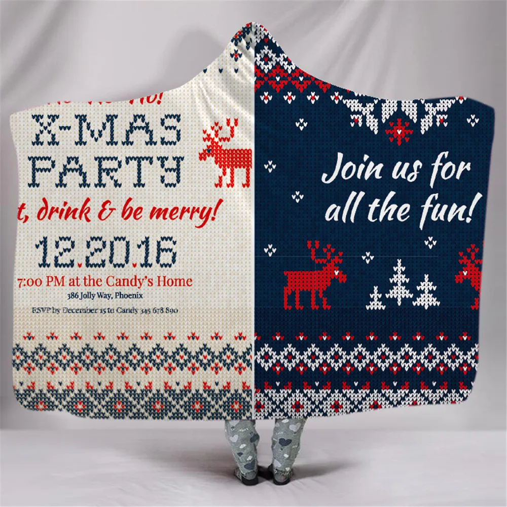 

Merry Christmas Hooded Blanket Elk New Year Printing Sherpa Fleece Wearable plush Throw Blanket on Bed Sofa For Home Travel 1 PC