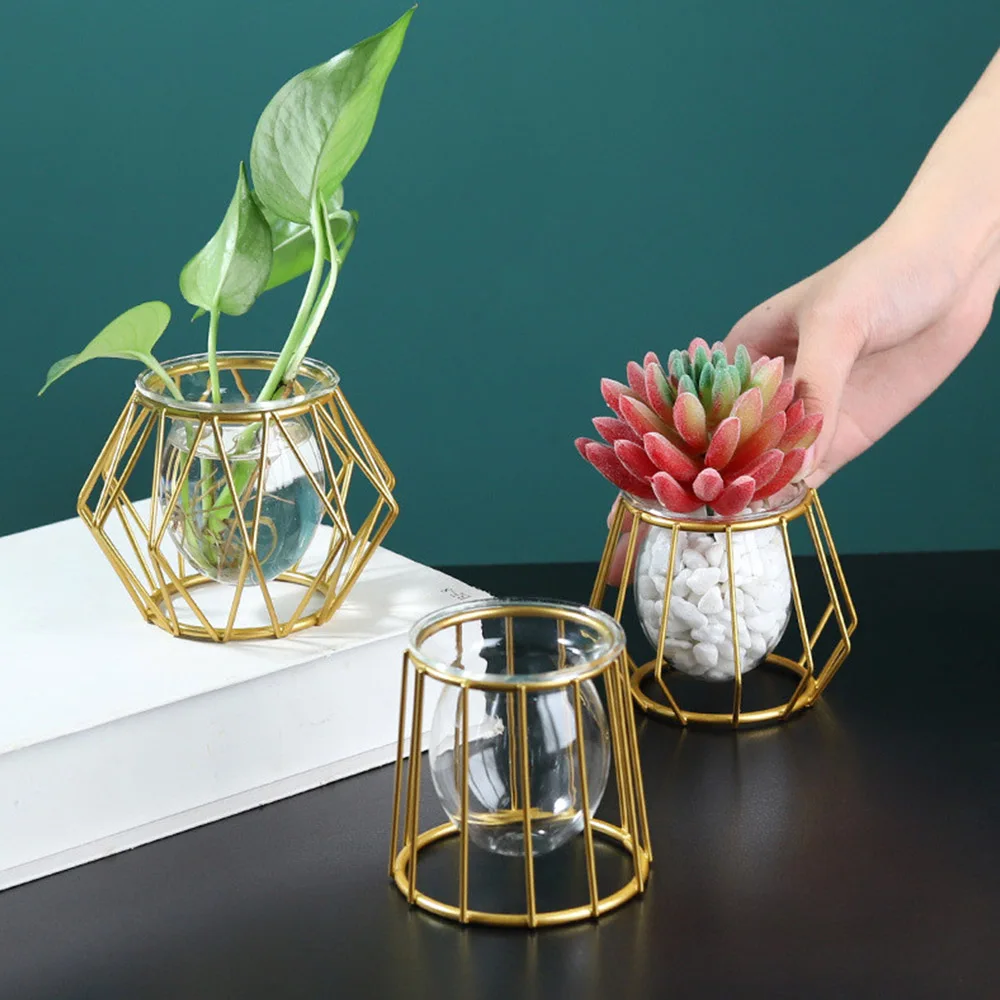 Nordic Golden Glass Vase Iron Hydroponic Plant Flower Vase Tabletop Coffee Shop Office Home Decoration Accessories Modern 3