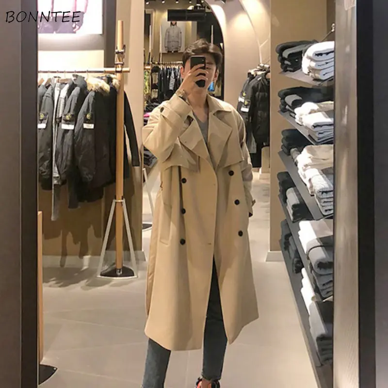 Men Double Breasted Trench Fashion England Style Turn Down Collar Sash Over Knees Windbreaker Male Handsome College Casual Coats