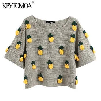 

KPYTOMOA Women 2020 Fashion Pineapple Pattern Knitted Sweater Vintage O Neck Short Sleeve Female Pullovers Chic Tops