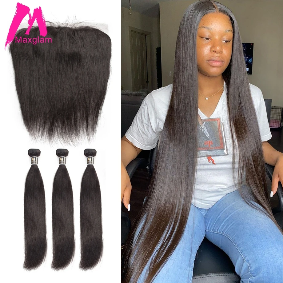 

Straight Human Hair Bundles With Frontal Natural Brazillian Extension Weave Pre Plucked Closure Short Remy For Black Women