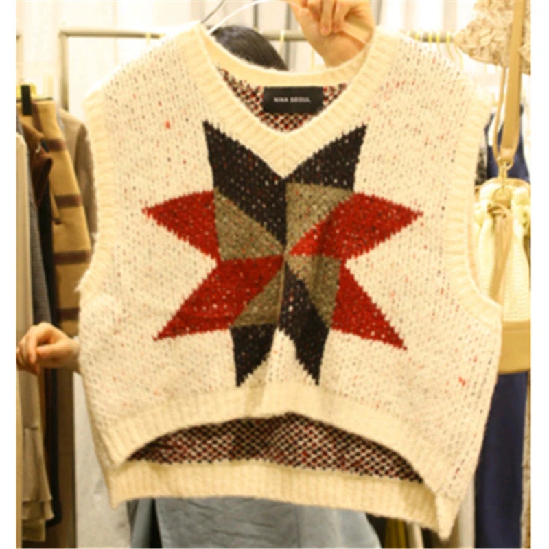 

Fashion Korean Diamond Octagonal Star Jacquard Knitted Sweater Vest Casual Autumn Winter O Neck Sleeveless Short Pullover Vest
