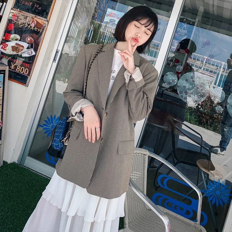

Photo Shoot CHIC Small Suit Women's Korean-style 2019 Spring And Autumn New Style Retro Loose Casual Slimming Students Plaid Sui