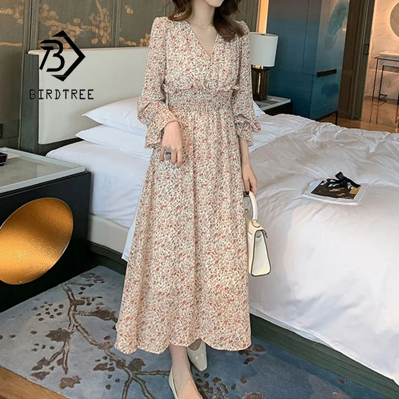 Fall Dress 2021 Women Floral Printing Casual Loose Beach Party Chiffon Plus Size V Neck Midi Female Vestidos D15904X | Женская одежда