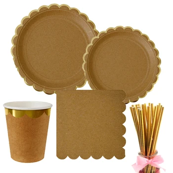 

Gold Paper Plate Cup Napkin straw Retro theme wedding Birthday Party decoration balloon supplies Disposable tableware