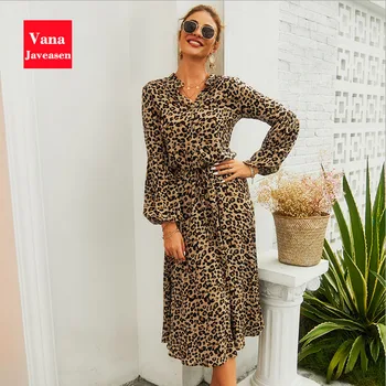 

Leopard Print Dress Women A-Line Beach Dresses Female High Waist Bandage Long Sleeve Bohemian Midi Dress Womans Clothes Vestidos