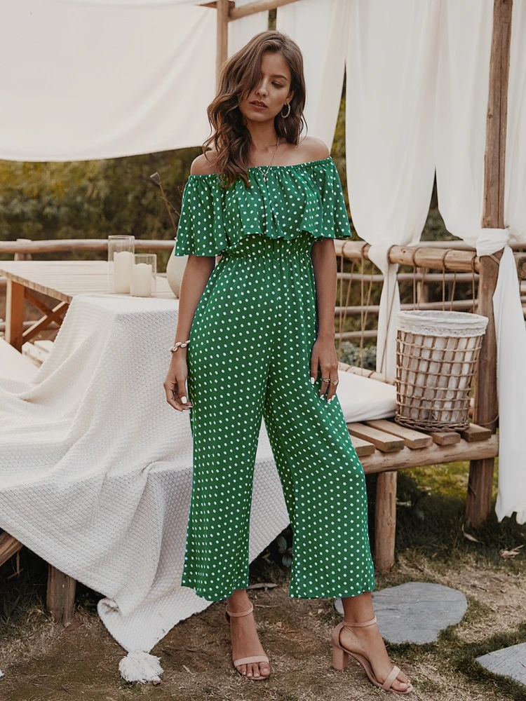 

Summer fashion Sexy Off Shoulder Jumpsuit Women Casual Polka Dot High Waist Rompers Ladies Boho Yellow Loose Wide Leg Pants 2020