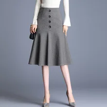 Юбки в клетку размера плюс, женские зимние офисные элегантные юбки с высокой талией и оборками, женские модные юбки миди серого и черного цвета