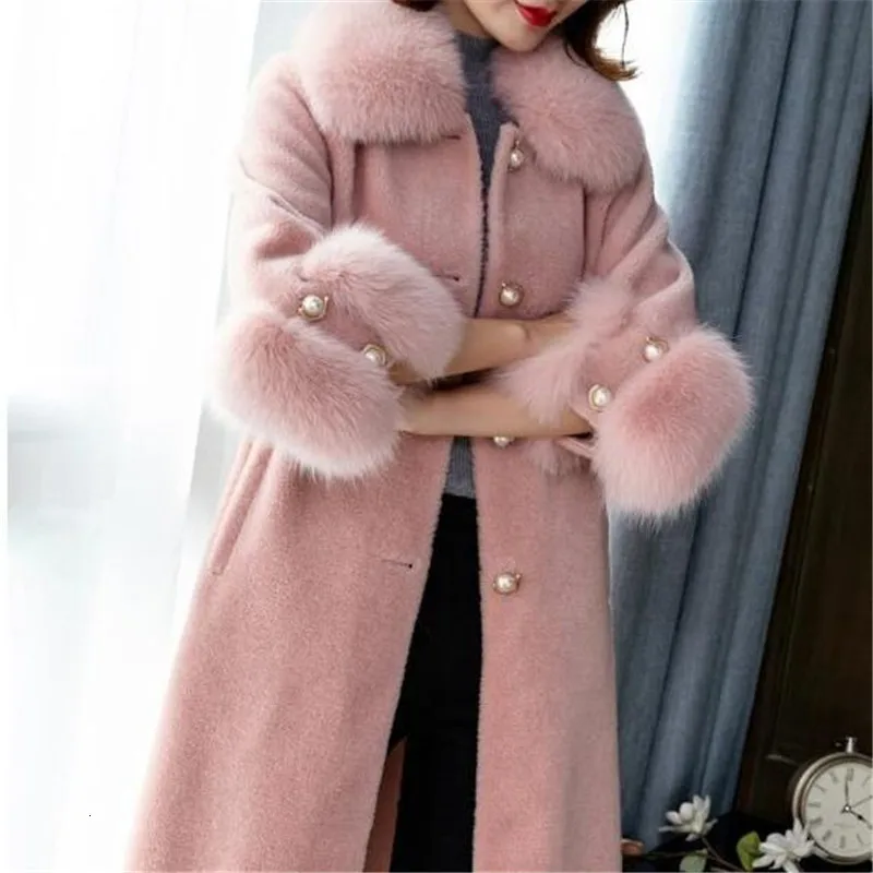 Pink Весеннее и осеннее Женское пальто, новое зернистое пальто из овечьей шерсти, женское длинное утепленное теплое пальто с мехом - Цвет: Pink