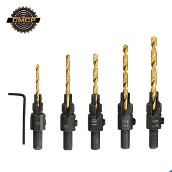 

Titanium Coated Twist Drill Bit Set Round Shank 5pcs 6/8/10/12/14mm Countersink Drill Bit Hole Cutter Wood Drilling Tools