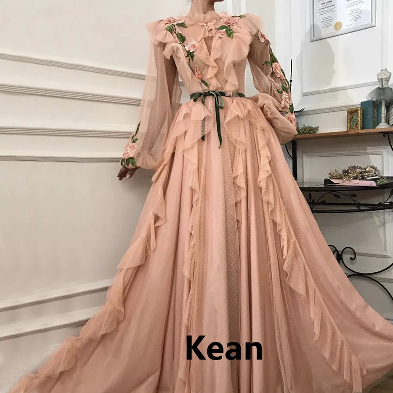 

Peach Evening Dress v Ruffle Lace Puff Sleeve Special Occasion robe soiree Islamic Dubai Kaftan Saudi Arabic Boho Prom Dress