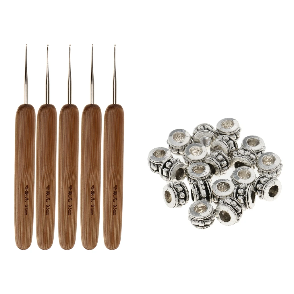 5Pcs Bamboo Hair Weaving Crochet Hooks 0.5mm + 20pcs Hair Dreadlocks Beads