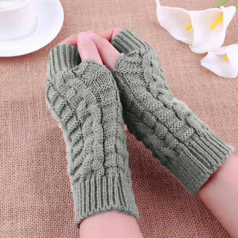 light grey 1 пара осенне-зимних женских вязаных перчаток, рукавицы на запястье, рукавицы для рук, теплые ромбовидные длинные рукавицы на половину зимы, перчатки без пальцев - Цвет: light grey
