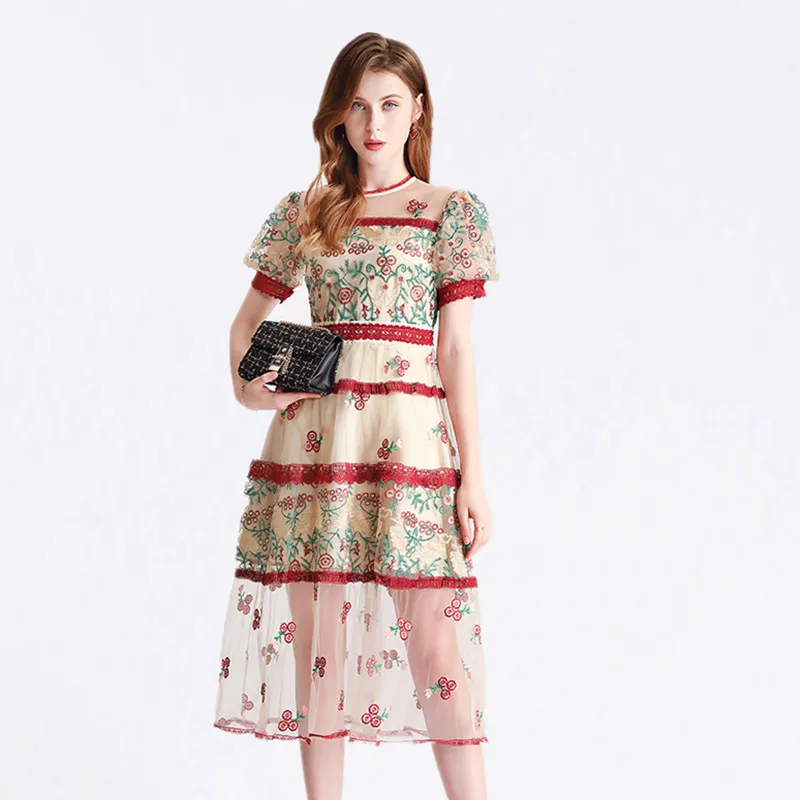 Embroidery Party Dresses Runway Floral Bohemian Flower Embroidered