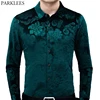 Vestidos Camisas florales de terciopelo verde para hombre, Camisa ajustada de manga larga de terciopelo, camisa con botón debajo del cuello, informal, 2022 ► Foto 1/6