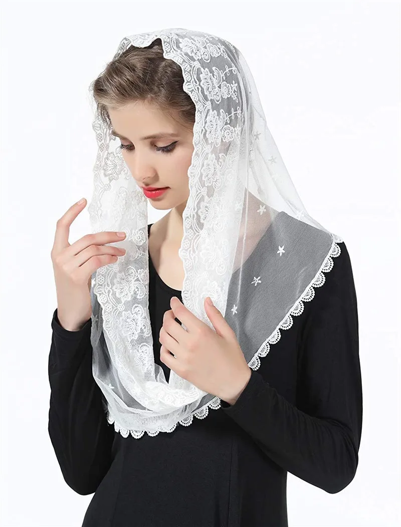 Church Round Scarf Wrap Muslim Veil Head Covering Short One Layer Ivory Black Lace Mantilla Catholic Wedding veils