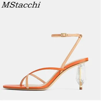 

MStacchi fashion strange heel sandals for women summer square toe leather shoes woman orange Ankle buckle ladies sandals shoes