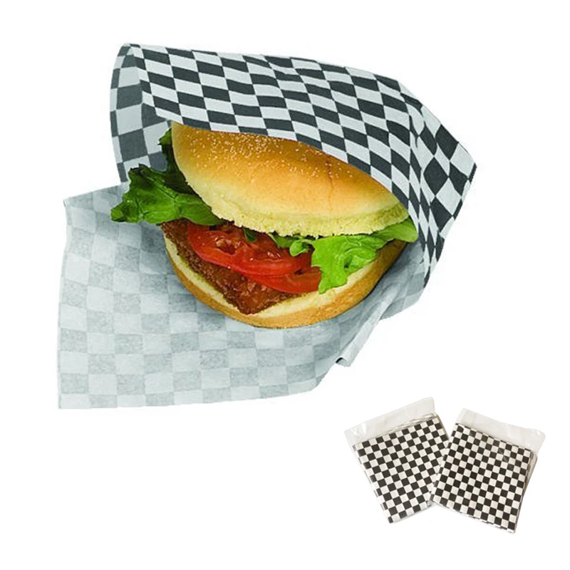 Food Disposable Packaging Wax Paper Hamburger Bread Paper Black Red  Checkered Fast Food Basket Liners 24pcs 12''x12