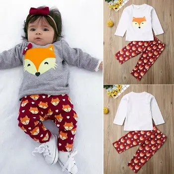 

0-24 Months Baby Girl Clothes Light Grey Fox Pattern Round Neck And Red Trousers Baby Sets