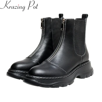 

Krazing Pot new large size cow leather high heels platform round toe sewing zipper winter shoes concise black ankle boots L33