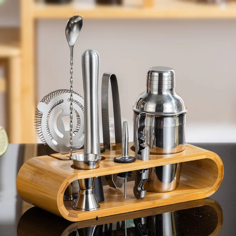 350ml 550ml 750ml stainless steel cocktail shaker cup bartender tool set bamboo base