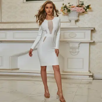 

High quality white round neck figure-hugging long sleeve celebrity evening dresses
