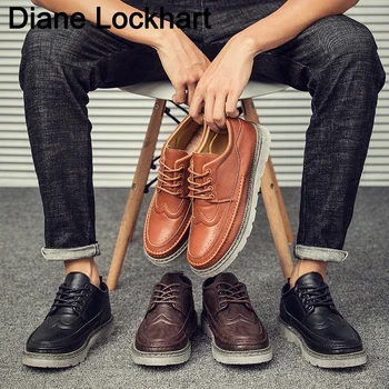 

High Quality Retro Men Casual Sheos 2018 Autumn New Leather Flat Shoes Men Oxford Fashion Lace Up Men's shoes Work Shoe