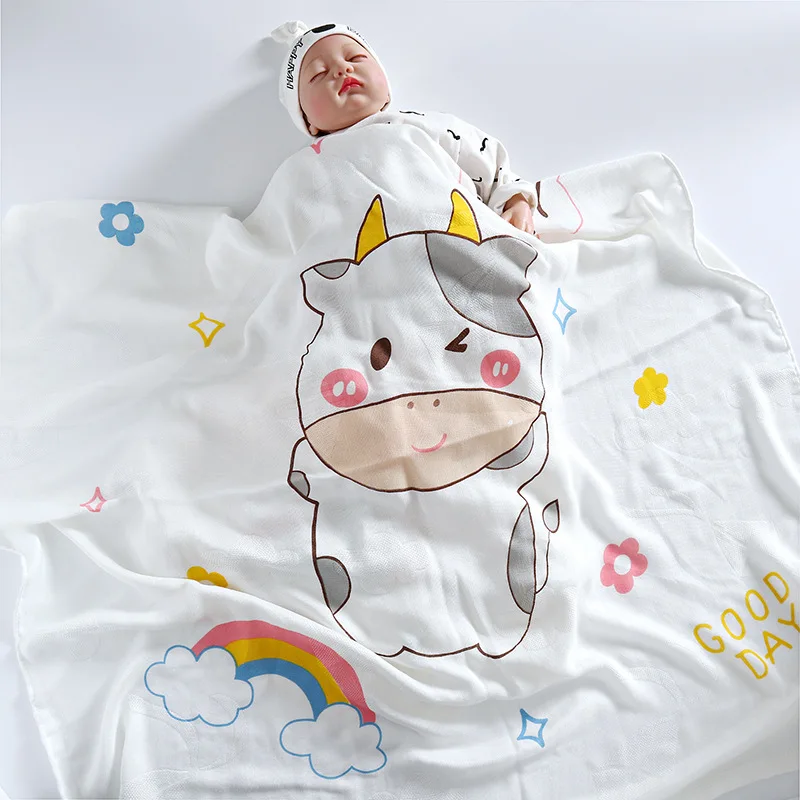 2-Layer Bamboo Fiber Baby Blanket Soft And Breathable Baby Blanket Cartoon Single Flower Children Bath Towel