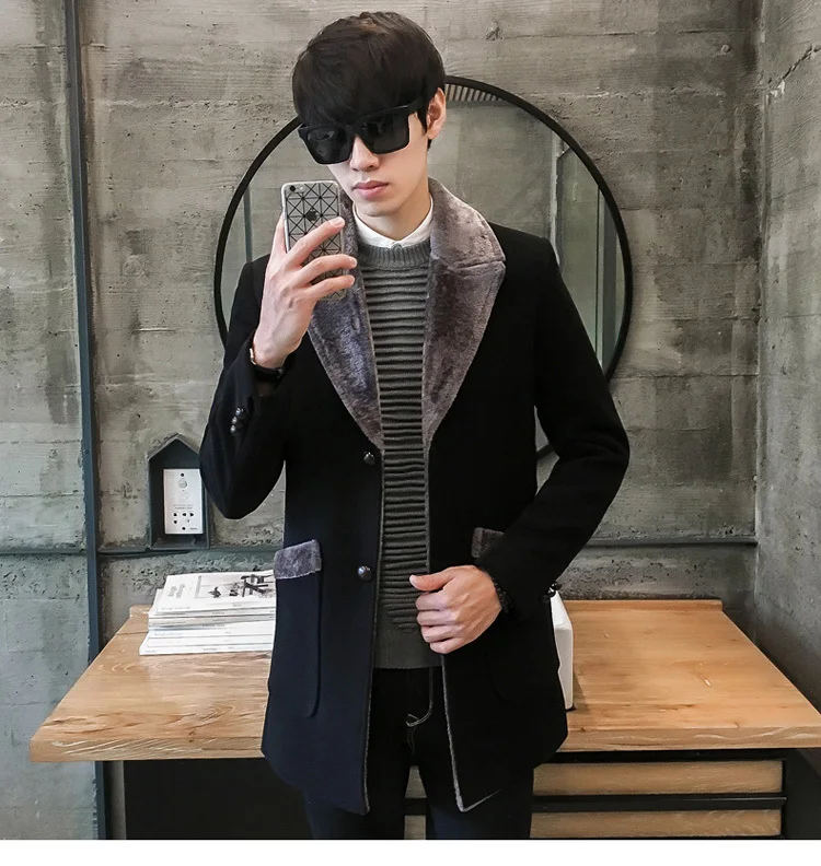 Fur Collar Trench Coat Men Wool Blend Winter Coat Slim Fit Men Manteau Homme Mid-Long Black Grey Mens Trench Coat Blue 4xl 5xl