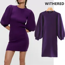 Увядший английский стиль элегантный винтажный буф рукав сплошной Вязание Мини платье для женщин vestidos de fiesta de noche vestidos блейзер