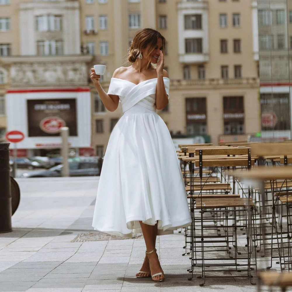 Ivory Tea Length Short Wedding Dress Plus Size Off the Shoulder V Neck A-line Satin Bridal Wedding Gown Vestido De Novia _ - AliExpress Mobile