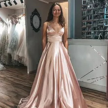 Простой сатин Выпускные платья Длинные А-силуэт Спагетти спинки Дешевые строгие вечерние платья Robe De Soiree