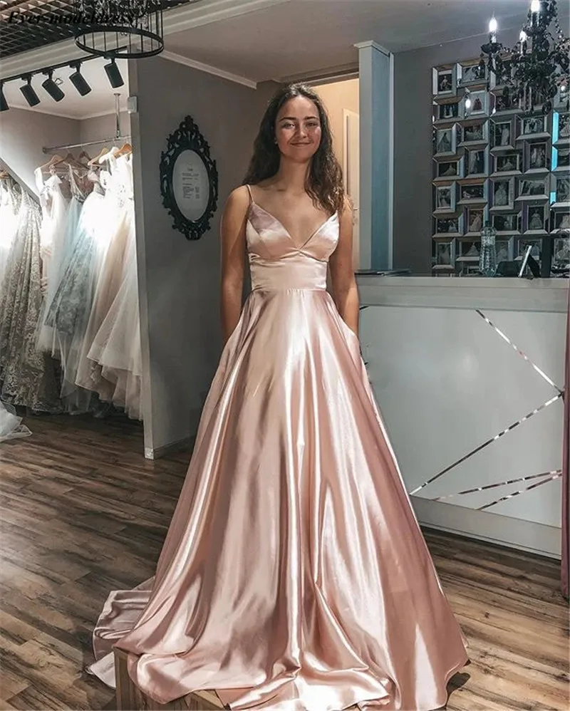 

Simple Satin Prom Dresses Long A-line Spaghetti Backless Cheap Formal Gowns Evening Party Dress Robe De Soiree 2020